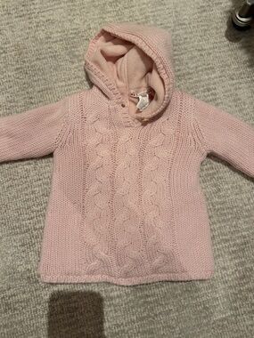 Bonpoint Light Pink Cable-Knit Hooded Sweater with zipper in back